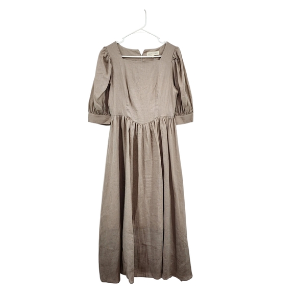 Hirsch + Timber Women's 100% Linen Puff Sleeves Tan Midi Lagenlook Dress - Picture 1 of 9